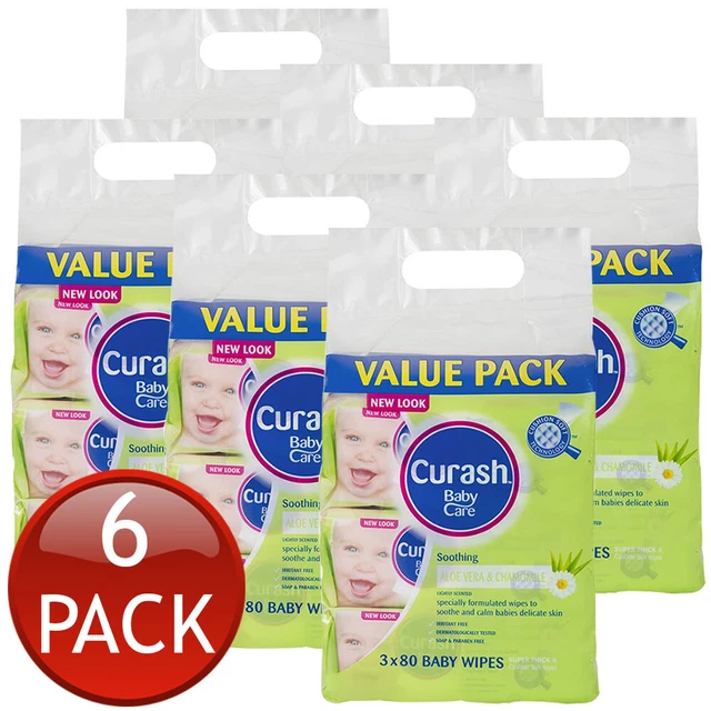 6 x Curash Baby Care Aloe Vera & Chamomile Wet Wipes Soap Free Skin Care 3 Pack