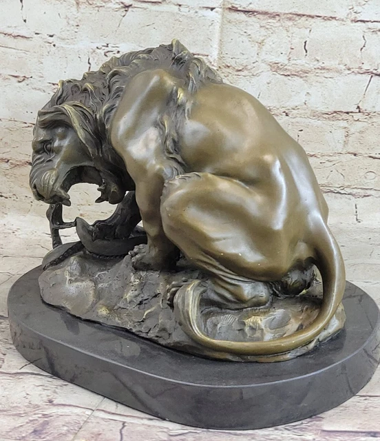 BRONZE SCULPTURE STATUE Lion vs. Snake REAL Marble Base Barye