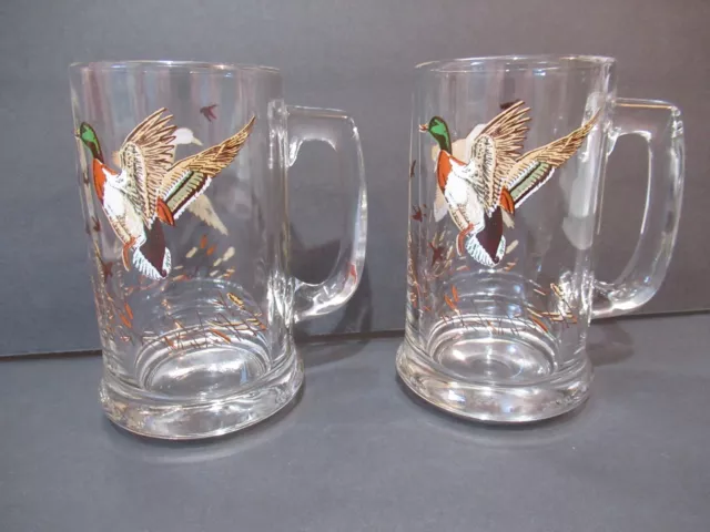 2 Libbey Mallard Ducks Glass Beer Stein Mugs