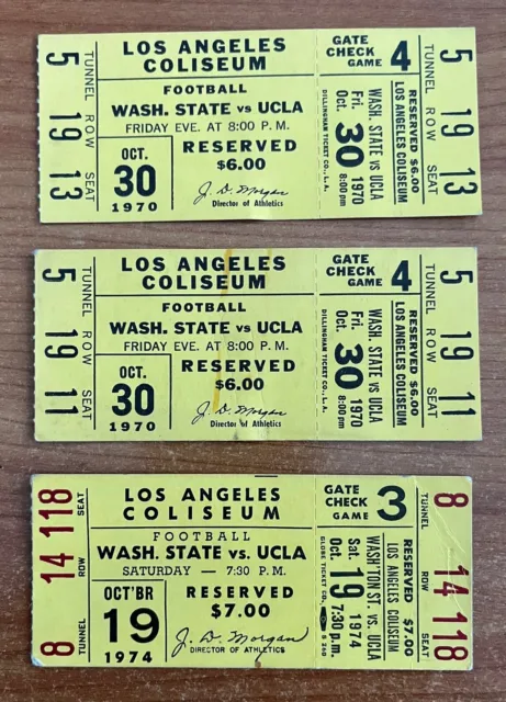 LOT of 3 - 1970 to 1974 NCAA WSU COUGARS @ UCLA BRUINS FOOTBALL FULL TICKETS