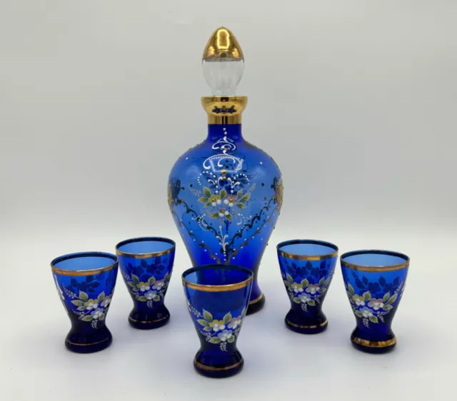 Bohemian Cobalt Blue Glass Decanter Five Shot Glasses Hand Painted Floral Enamel