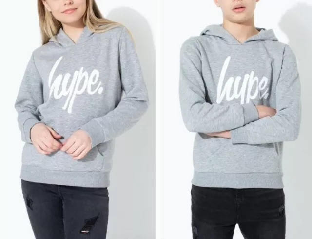 Hype Boys Girls Script Fleece Hoodie Pullover Sweatshirt, Grey, New, Age 13Y