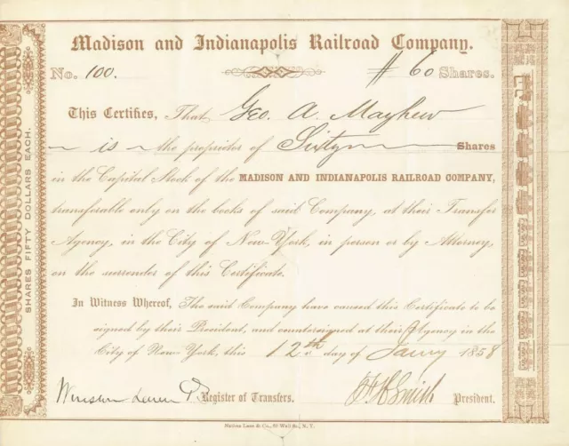 Madison and Indianapolis Railroad - 1856-61 dated Indiana Railway Stock Certific