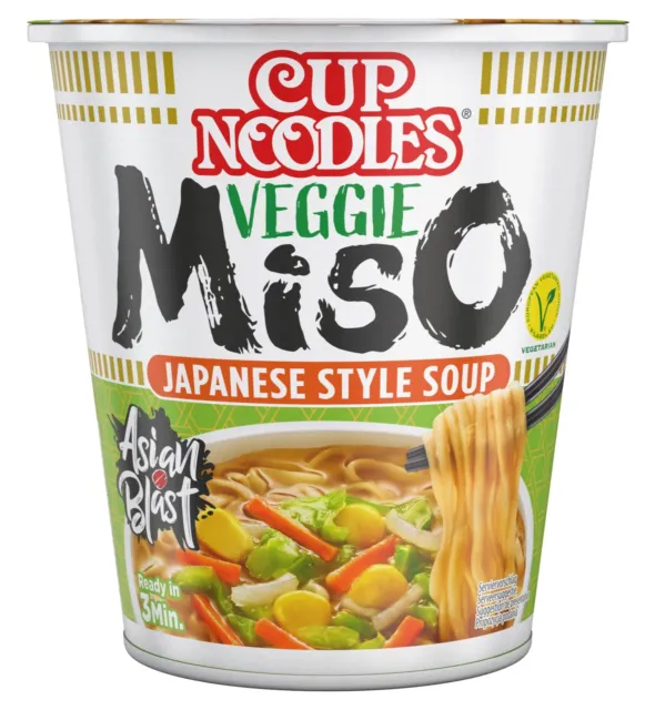 Nissin Cup Noodles Veggie Miso Sup Style pasta istantanea 8x 67g NUOVO MHD 28/02/24