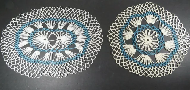 2 Vintage Doily Handmade Crochet 11&15" Blue  Gorgeous Detail Lace B4759