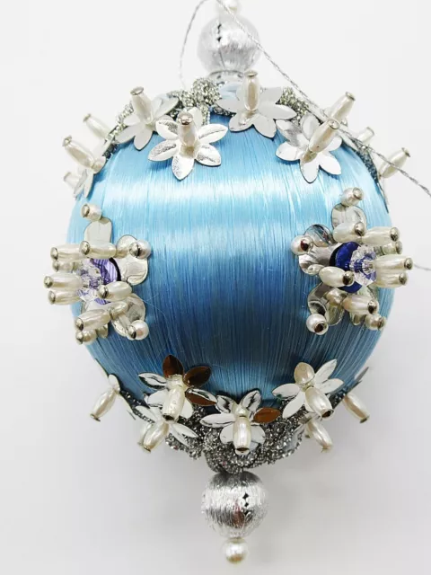 Vtg Handmade Victorian Light Blue Satin Trim Beads Push Pin Ornament #51422-35
