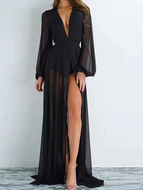 Vestito kimono lungo da donna con trasparenze nero abito estivo sera con spacco