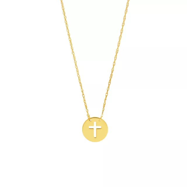 Mini Cross Disc Adjustable Rope Chain Necklace Real 14K Yellow Gold Up to 18"