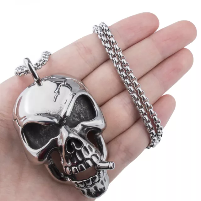 Men Huge Heavy Skull Cigar Hip hop Stainless Steel Biker Pendant Chain Necklace