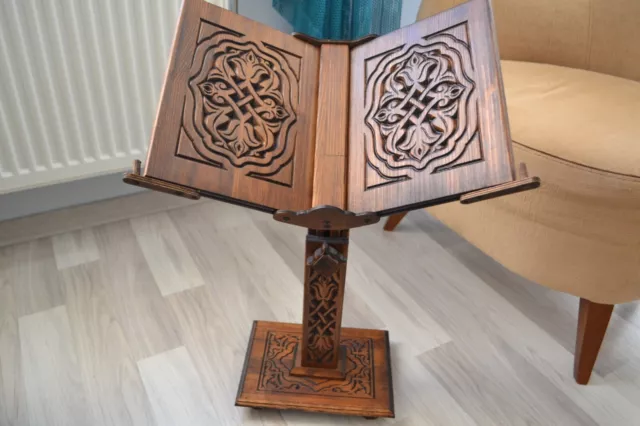 Height adjustable carved book stand, Red pine wood portable Quran&Bible holder