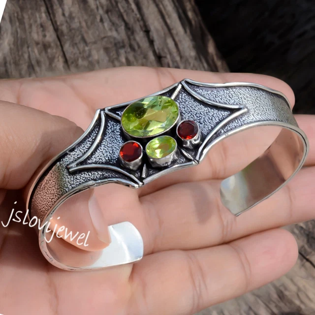 Bracelet Manchette En Argent Sterling 925 Avec Péridots - Fait Main, Ajustable, Pierres Naturelles Taillées, Neuf