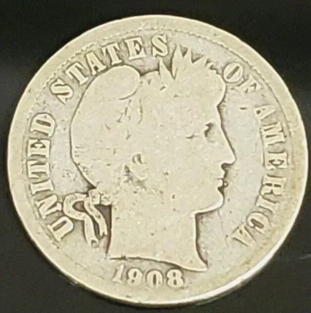 1908-P Barber Dime Philadelphia 10C Silver Ag /G Collector Coin
