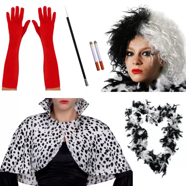 Ladies Evil Dog Lady Set Halloween Dalmatian Movie Film Villain Fancy Dress