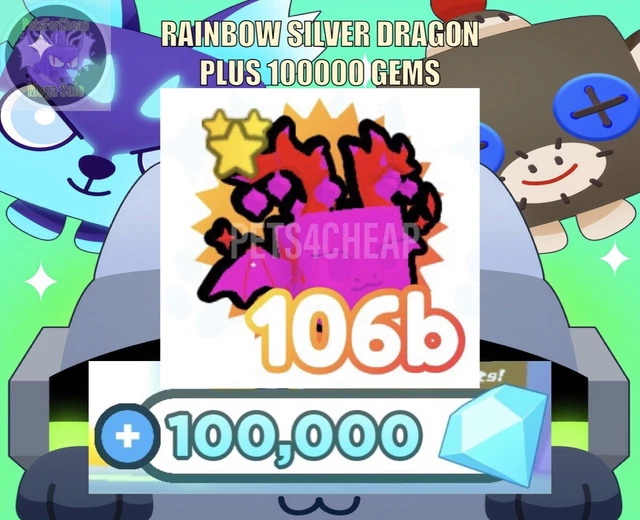 ROBLOX PET SIMULATOR X RAINBOW SILVER DRAGON PLUS 100000 GEMS $7.49