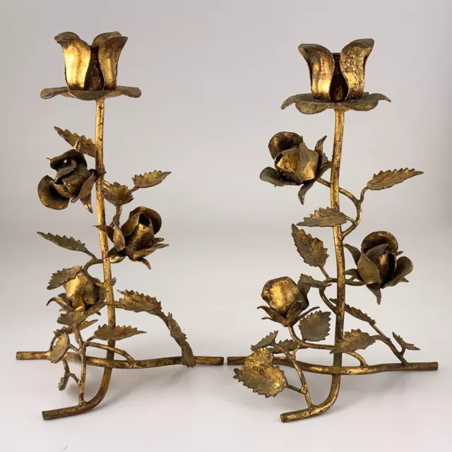 Beautiful Antique Brass Rose Candle Holders Mid Century Floral Ornate Set BB645