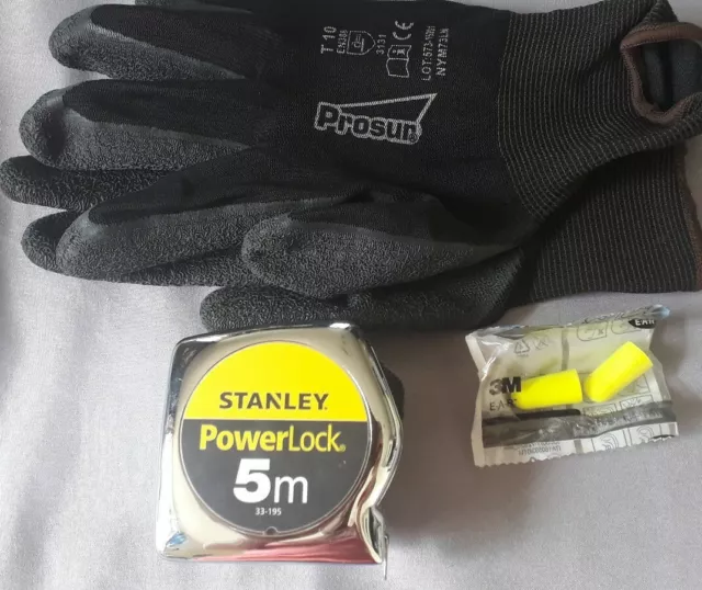 STANLEY - metre ruban 5 mètres PowerLock  + paire gants + bouchon oreille