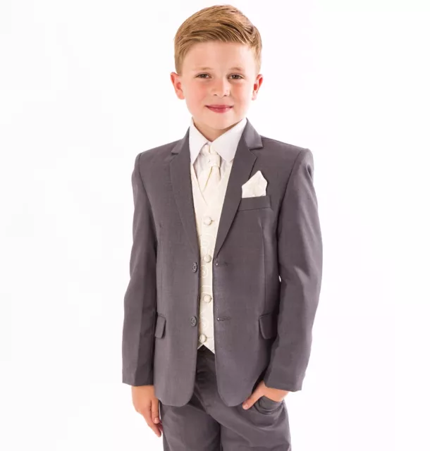 Boys grey/Cream suit 5pc Swirl wedding pageboy formal party waistcoat smart