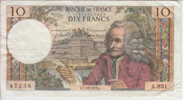 FRANCE BANKNOTE P147d-7238 10 FRANCS J.7-12-1972, A.831, VF                 2001