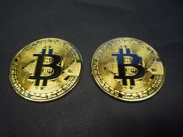 2 x Bitcoin Gold Plated - Two BTC Novelty Coin (40mm) Free P+P Uk Seller