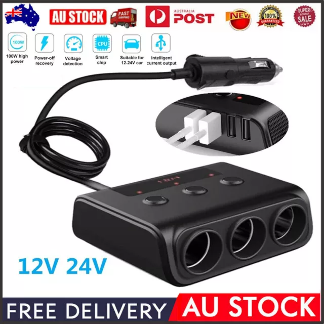 12V 24V 3 Way Car Cigarette Lighter Socket Splitter 4 USB Charger Power Adapter