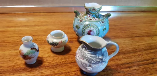 Four Vintage MInature Japanese Art Pottery Vases & Jug including Dragon ware 2