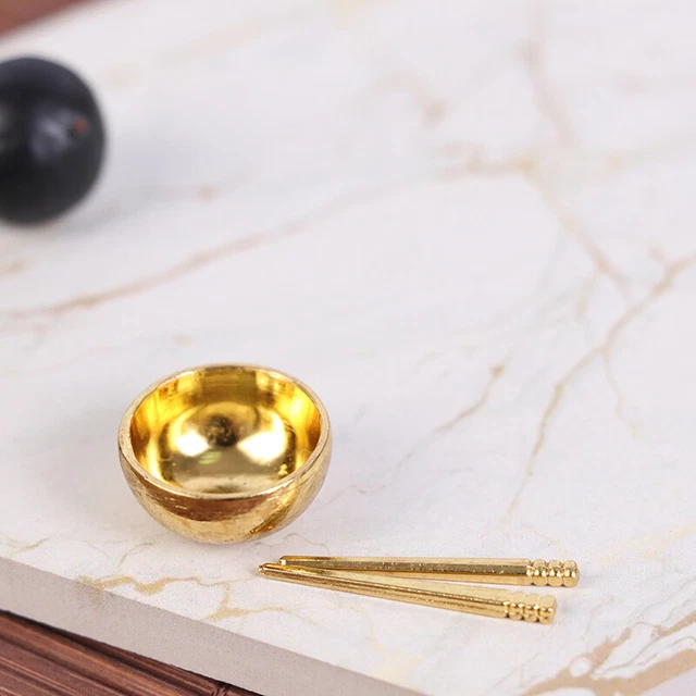 1SET MINI GOLDEN silver Bowls and chopsticks Miniature Dollhouse