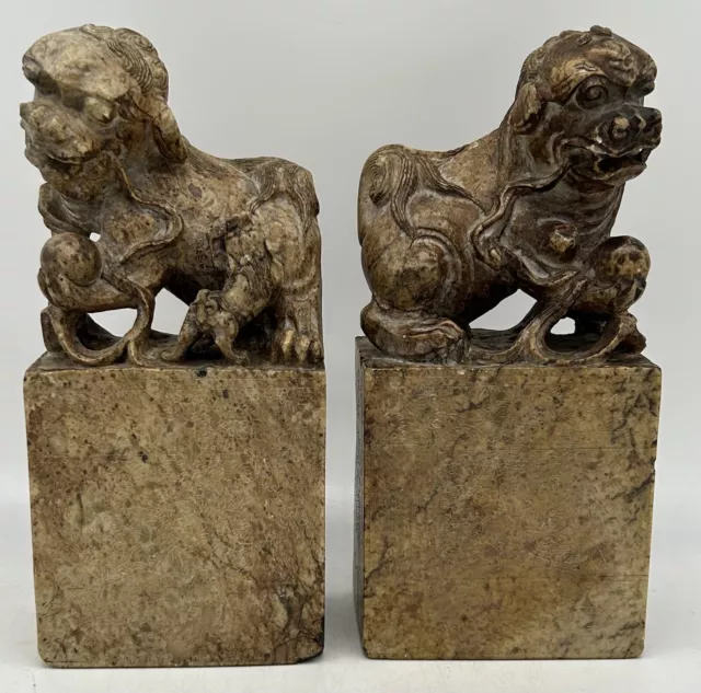 Pair Antique Chinese Qing Hand Carved Marble Foo Dog Lion Bookends