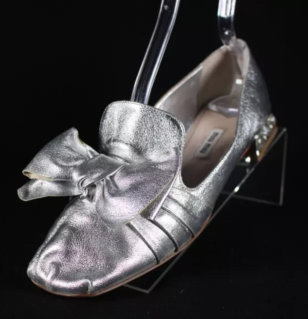 MIU MIU Metallic Silver Leather Bow Vamp Jewel Wrap Heel Square Toe Flats 39.5