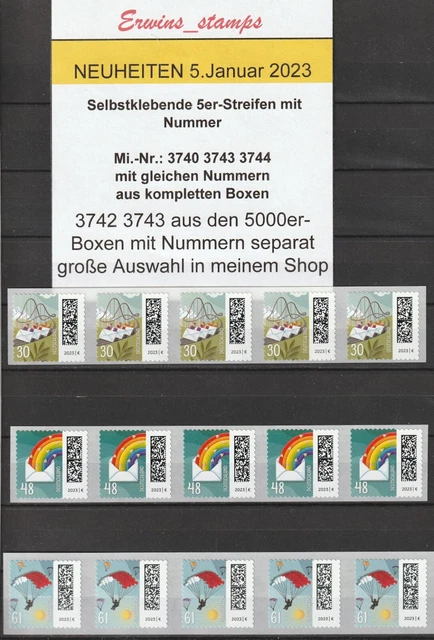 Bund 5. Januar 2023 selbstklebend 3740 3743 3744 5er-Streifen  gl. Nr. aus 500er