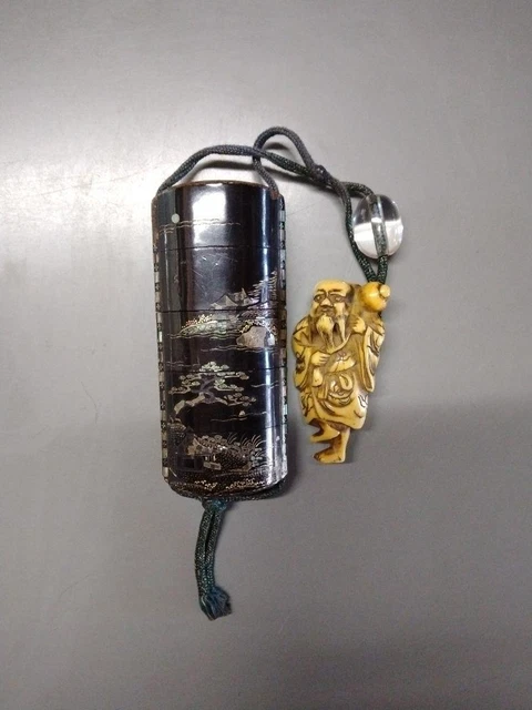 INRO tiger pattern MAKI-E lacquer wooden Japanese antique & NETSUKE Jp