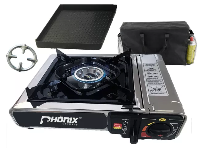 Phönix PC-20 Acero Estufa de Gas Camping Cocina 2,3KW + Aluminio Parrilla, Bolso