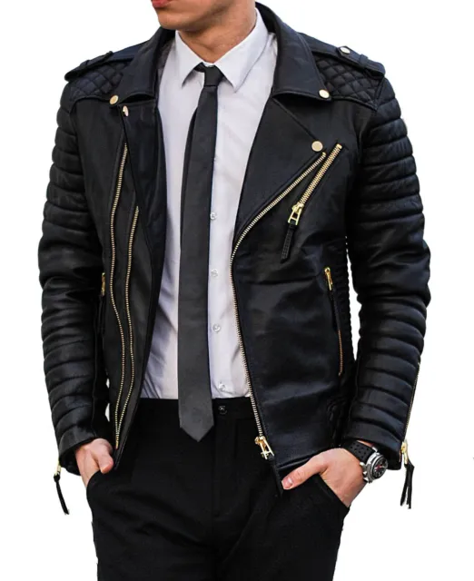 Men's Genuine Lambskin Quilted Leather Jacket Black Motorcycle Slim fit Biker