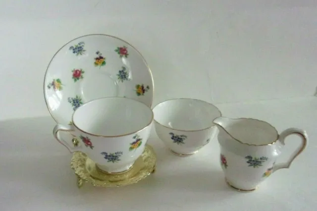 Crown Staffordshire Bone China Rose Pansy Creamer, Open Sugar w/ Cup and Saucer