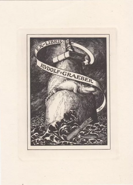 Exlibris Bookplate Radierung Josef Sattler 1867-1931 Fels Drache Femmes