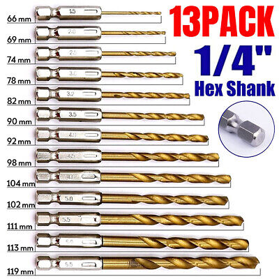 13pc Drill Bit Set Titanium Coated HSS High Speed Steel Hex Shank Quick Change