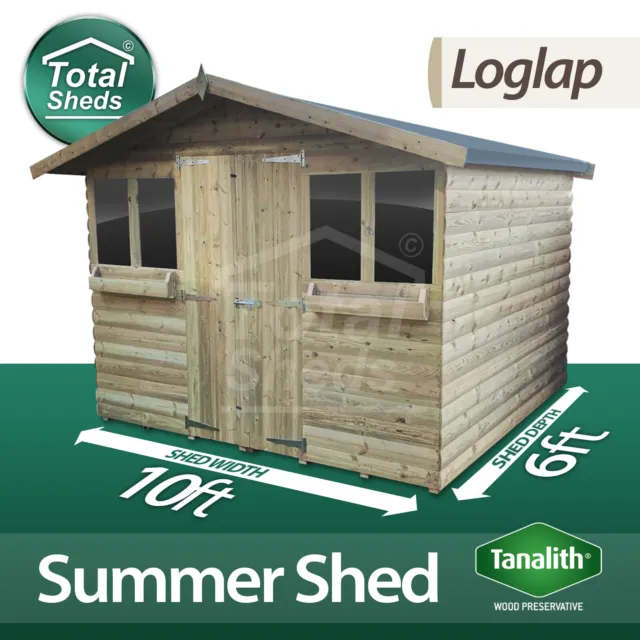 10x6 Garden Shed Summer House +1ft Overhang Pressure Treated Tanalised Loglap