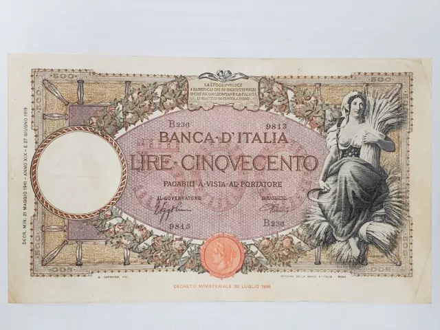 Bank of Italy 500 Lire Banknote 1941 May 21 Very Fine/Extra Fine Nice B236 9813
