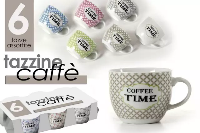 Set 6 Tazzine Tazze Caffè in Ceramica senza Piattini Coffe Time