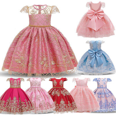 Embroidery Kids Girls Princess Dress Party Wedding Flower Lace Bow Prom Dresses