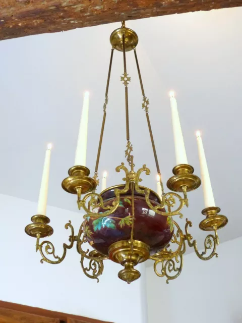 Charming French Church Brass Faience Chandelier Candle holders Religious 19TH