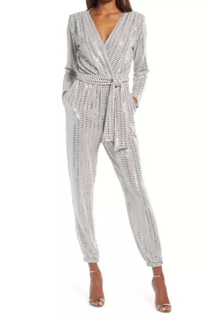 NWT FRAICHE BY J Faux Wrap Long Sleeve Silver Jumpsuit