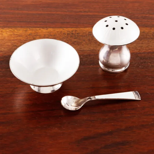 Egon Lauridsen Danish 925S Enamel Salt Cellar Pepper Shaker & Spoon Mushroom