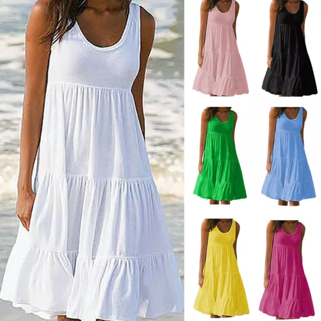 Womens Summer Smock Dress Ladies Holiday Beach Casual Loose Frill Mini Sundress