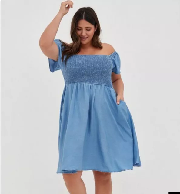 Torrid Blue Chambray Off-Shoulder Smocked Skater Dress Pockets , Size 3X