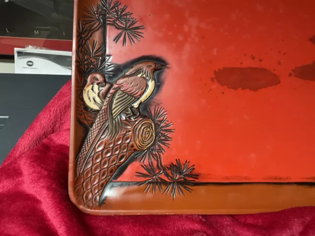 Vintage Japanese Lacquered Serving Tray Birds Relief Decoration 23in x14in BIG 3