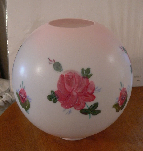 Vintage GWTW 10 in Hand Painted Glass Ball Oil Lamp Globe Shade Pink W Red Roses