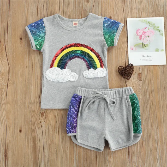 NEW Sequin Rainbow Short Sleeve Shirt & Shorts Girls Outfit Set 2T 3T 4T 5T 6