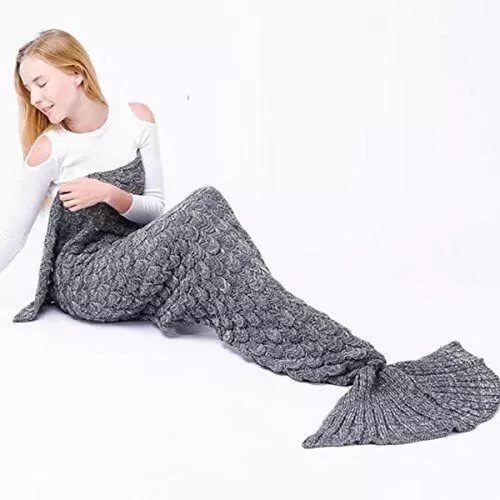 Kids Grey Mermaid Tail Blankets Handmade Crocheted Sofa Beach Knit Quilt Rug UK