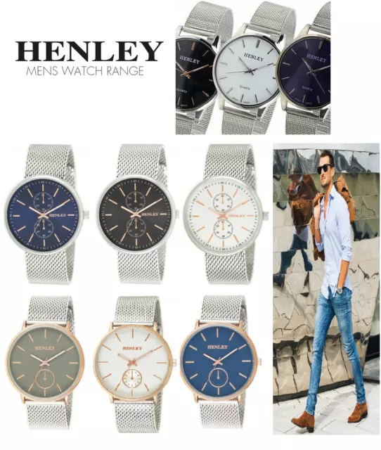 Henley Herrenuhren zweifarbig Netz Armbanduhren 1 Jahr Garantie Geschenkbox