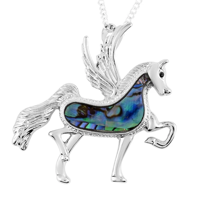 Iridescent Abalone Shell Winged Pegasus Flying Horse Necklace Hypoallergenic
